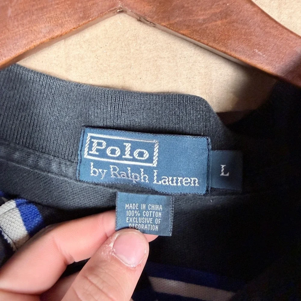 Polo Ralph Lauren Mens L Black Blue White Striped Short Sleeve Polo Shirt‎ L
